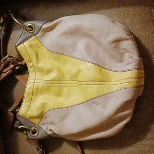 OrYany handbag hobo large genuine leather color block yellow taupe brown